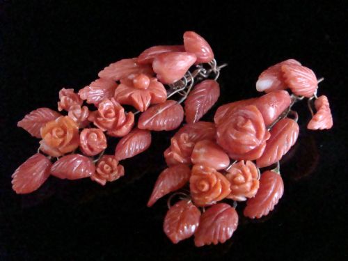 vintage 9ct yellow gold carved coral drop earrings - CATEGORY: ANTIQUE JEWELLERY - DATED 1950