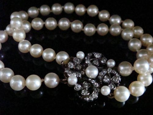 victorian 18ct crescent and clover old cut diamond clasp 085ct cultured pearl bracelet - CATEGORY: ANTIQUE JEWELLERY - DATED VICTORIAN