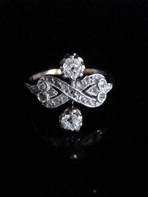 edwardian 18ct yellow gold platinum old cut toi et moi rose cut diamond ring - CATEGORY: ANTIQUE JEWELLERY - DATED EDWARDIAN