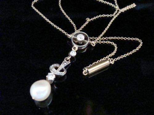 EDWARDIAN 9CT YELLOW GOLD PLATINUM CULTURED PEARL DIAMOND NECKLACE - ADDITIONAL PHOTO 1