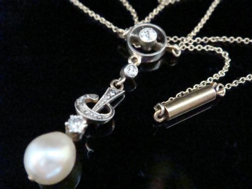 edwardian 9ct yellow gold platinum cultured pearl diamond necklace - CATEGORY: ANTIQUE JEWELLERY - DATED EDWARDIAN