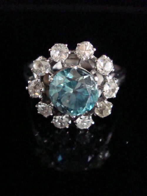 edwardian french platinum large natural blue zircon 2ct and diamond 120ct cluster ring - CATEGORY: ANTIQUE JEWELLERY - DATED EDWARDIAN