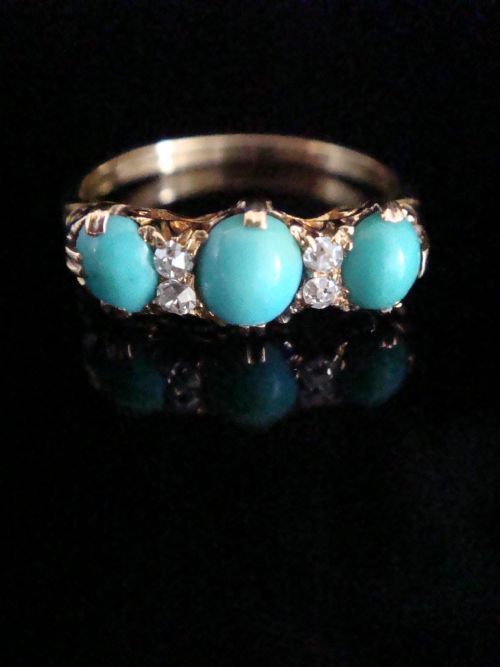 edwardian 18ct yellow hold natural turquoise and diamond 3 stone ring - CATEGORY: ANTIQUE JEWELLERY - DATED EDWARDIAN