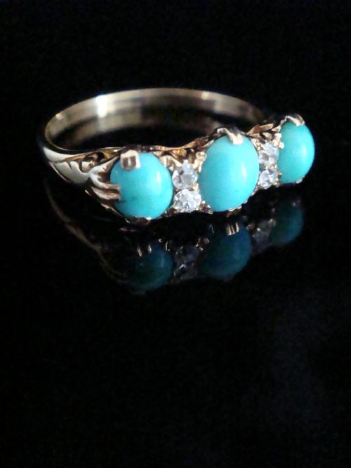 EDWARDIAN 18CT YELLOW HOLD NATURAL TURQUOISE AND DIAMOND 3 STONE RING - ADDITIONAL PHOTO 1