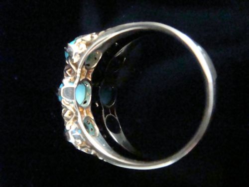 EDWARDIAN 18CT YELLOW HOLD NATURAL TURQUOISE AND DIAMOND 3 STONE RING - ADDITIONAL PHOTO 2