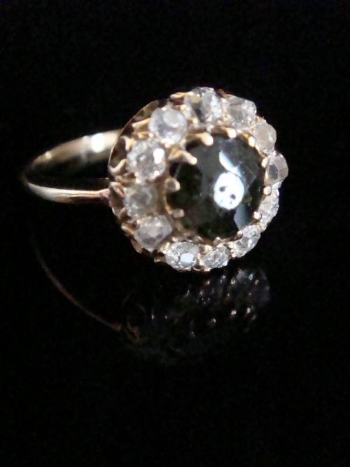 edwardian 18ct yellow gold natural tourmaline old cut diamond cluster halo ring - CATEGORY: ANTIQUE JEWELLERY - DATED EDWARDIAN