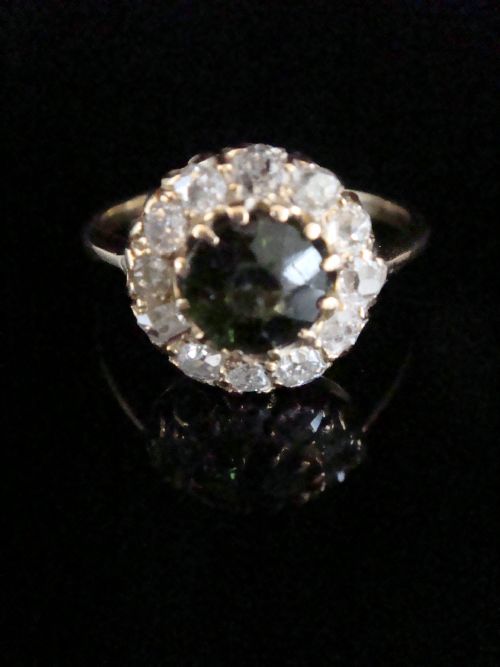 EDWARDIAN 18CT YELLOW GOLD NATURAL TOURMALINE OLD CUT DIAMOND CLUSTER HALO RING - ADDITIONAL PHOTO 1