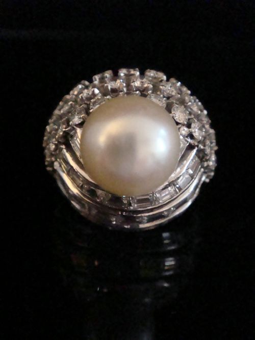 retro 1960s 14ct natural cultured pearl and diamond 300ct designer ring 11g - CATEGORY: ANTIQUE JEWELLERY - DATED 1960