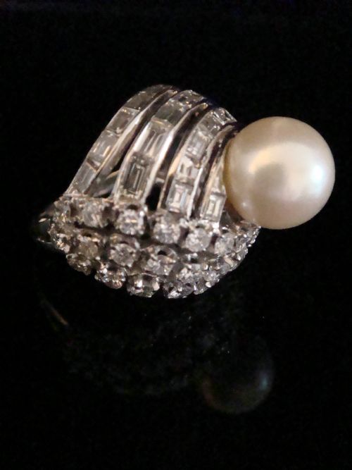 RETRO 1960S 14CT NATURAL CULTURED PEARL AND DIAMOND 300CT DESIGNER RING 11G - ADDITIONAL PHOTO 2