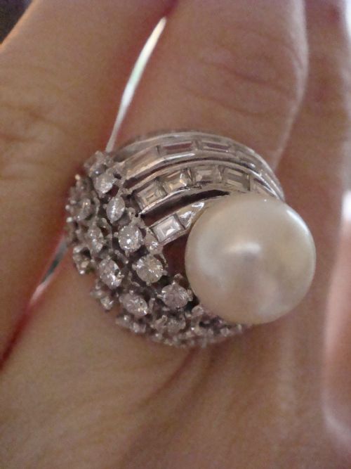 RETRO 1960S 14CT NATURAL CULTURED PEARL AND DIAMOND 300CT DESIGNER RING 11G - ADDITIONAL PHOTO 5