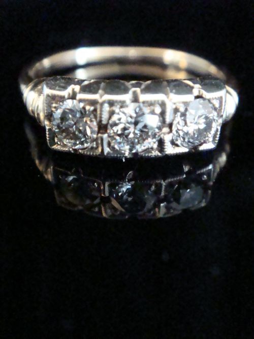 art deco 18ct yellow gold platinum old cut diamond 030ct trilogy three stone ring - CATEGORY: ANTIQUE JEWELLERY - DATED 1920
