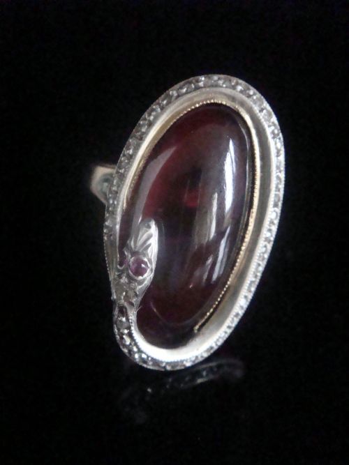 rare edwardian french 18ct rose gold platinum cabochon garnet rose cut diamonds snake ring - CATEGORY: ANTIQUE JEWELLERY - DATED EDWARDIAN