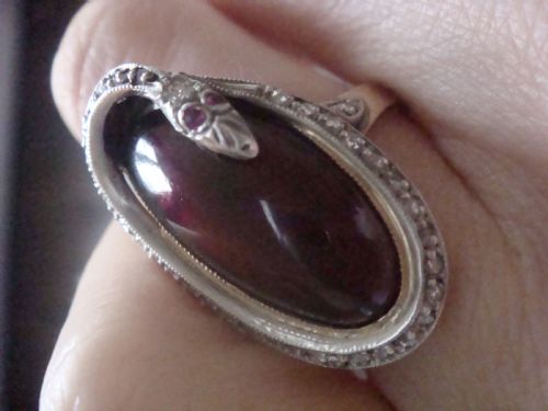 RARE EDWARDIAN FRENCH 18CT ROSE GOLD PLATINUM CABOCHON GARNET ROSE CUT DIAMONDS SNAKE RING - ADDITIONAL PHOTO 4