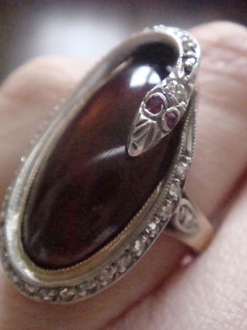 RARE EDWARDIAN FRENCH 18CT ROSE GOLD PLATINUM CABOCHON GARNET ROSE CUT DIAMONDS SNAKE RING - ADDITIONAL PHOTO 5