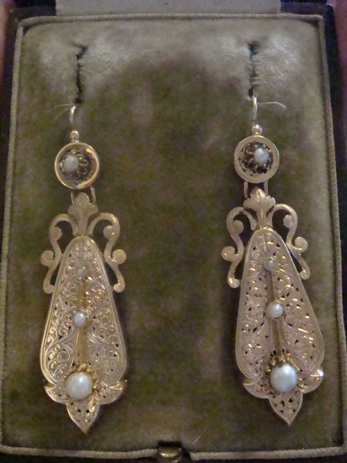 FRENCH EDWARDIAN 18CT ROSE GOLD CULTURED PEARL ORNATE LARGE DROP EARRING - ADDITIONAL PHOTO 2