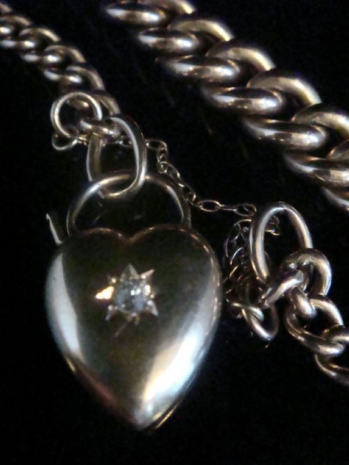 edwardian 9ct rose large curb link bracelet with 15ct diamond puff heart padlock - CATEGORY: ANTIQUE JEWELLERY - DATED EDWARDIAN