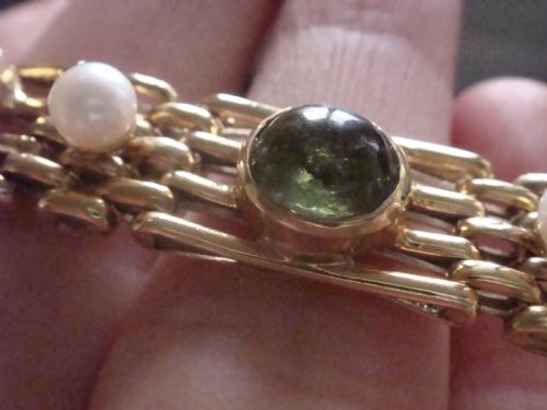 EDWARDIAN 9CT SUFFRAGETTE CABOCHON AMETHYST PERIDOT PEARL GATE BRACELET 171G - ADDITIONAL PHOTO 2