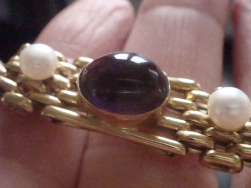 EDWARDIAN 9CT SUFFRAGETTE CABOCHON AMETHYST PERIDOT PEARL GATE BRACELET 171G - ADDITIONAL PHOTO 3