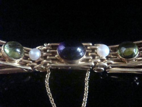 EDWARDIAN 9CT SUFFRAGETTE CABOCHON AMETHYST PERIDOT PEARL GATE BRACELET 171G - ADDITIONAL PHOTO 4