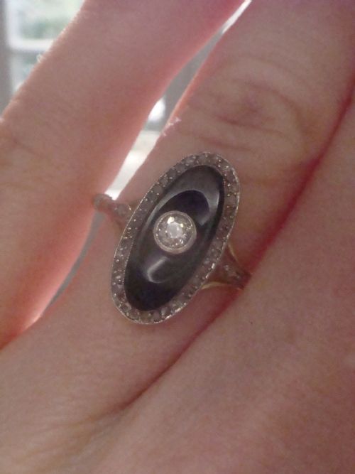 FRENCH EDWARDIAN 18CT PLATINUM ONYX AND ROSE CUT DIAMOND OVAL RING - ADDITIONAL PHOTO 2