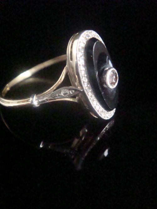 FRENCH EDWARDIAN 18CT PLATINUM ONYX AND ROSE CUT DIAMOND OVAL RING - ADDITIONAL PHOTO 3