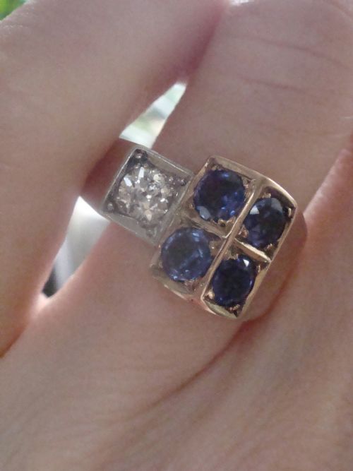 RETRO 1940S FRENCH TANK 18CT PLATINUM SAPPHIRE DIAMOND 040CT PAVE SET RING - ADDITIONAL PHOTO 5