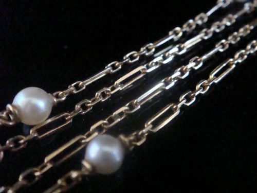 EDWARDIAN 9CT YELLOW GOLD PAPERCLIP LINK WITH SEED PEARLS CHAIN 16 INCHES - ADDITIONAL PHOTO 1