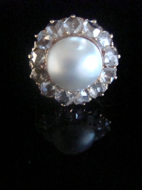 large edwardian french 18ct rose gold rose cut diamond and pearl cluster 150ct - CATEGORY: ANTIQUE JEWELLERY - DATED EDWARDIAN