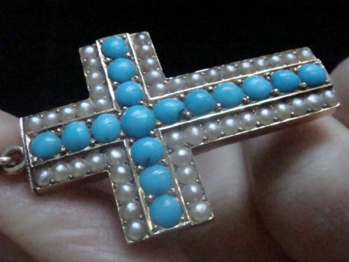 HIGH QUALITY HEAVY VICTORIAN HIGH CARAT 15CT ROSE GOLD TURQUOISE PEARL CROSS - ADDITIONAL PHOTO 5