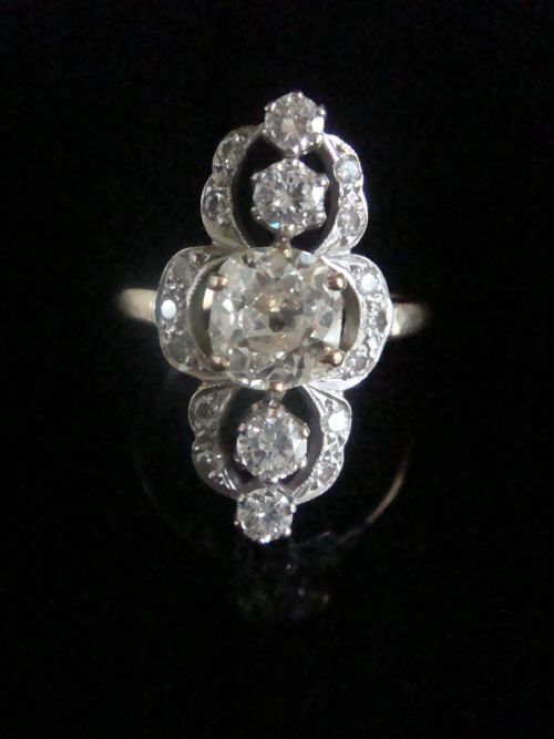 edwardian french 18ct yellow gold diamond 238ct marquis ring 140ct centre - CATEGORY: ANTIQUE JEWELLERY - DATED EDWARDIAN
