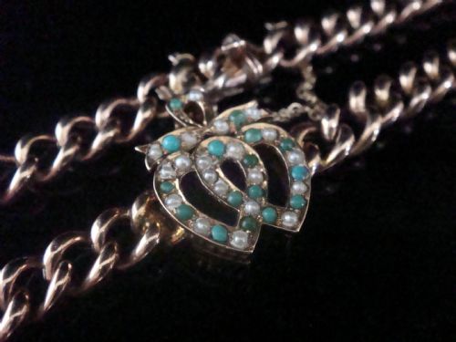 victorian 9ct rose gold natural turquoise seed pearl double heart bracelet 76g - CATEGORY: ANTIQUE JEWELLERY - DATED VICTORIAN