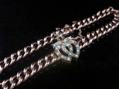 VICTORIAN 9CT ROSE GOLD NATURAL TURQUOISE SEED PEARL DOUBLE HEART BRACELET 76G - ADDITIONAL PHOTO 1