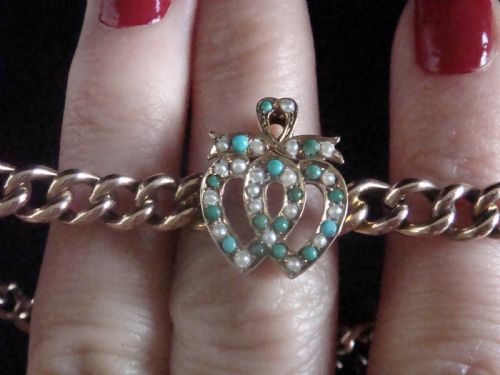 VICTORIAN 9CT ROSE GOLD NATURAL TURQUOISE SEED PEARL DOUBLE HEART BRACELET 76G - ADDITIONAL PHOTO 2
