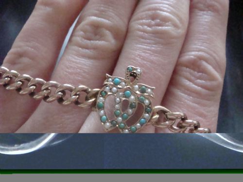 VICTORIAN 9CT ROSE GOLD NATURAL TURQUOISE SEED PEARL DOUBLE HEART BRACELET 76G - ADDITIONAL PHOTO 3