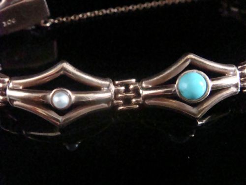 VICTORIAN 9CT TURQUOISE AND PEARL UNUSUAL THICK BRACELET 122G - ADDITIONAL PHOTO 1