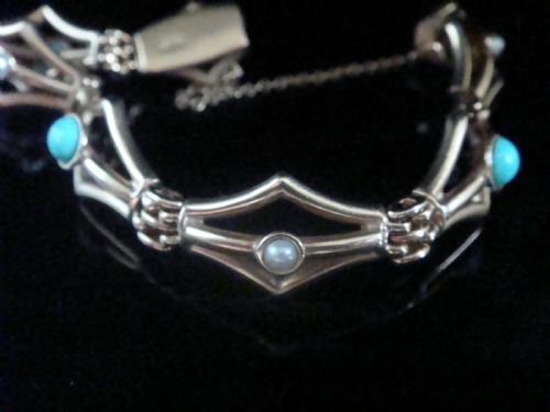 VICTORIAN 9CT TURQUOISE AND PEARL UNUSUAL THICK BRACELET 122G - ADDITIONAL PHOTO 3