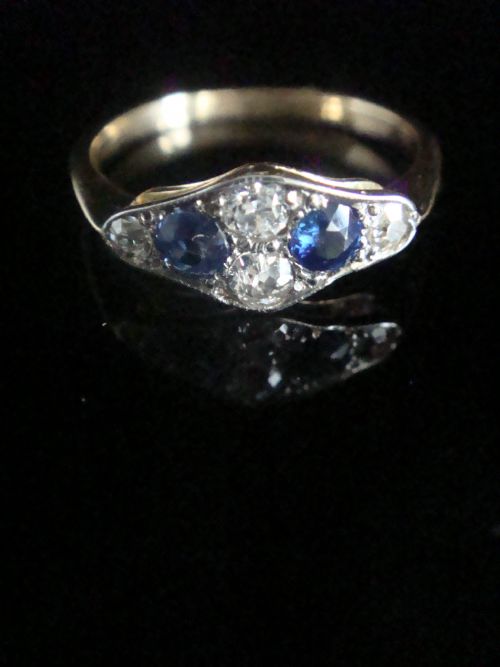 edwardian 18ct yellow gold platinum sapphire old cut diamond cluster ring - CATEGORY: ANTIQUE JEWELLERY - DATED EDWARDIAN