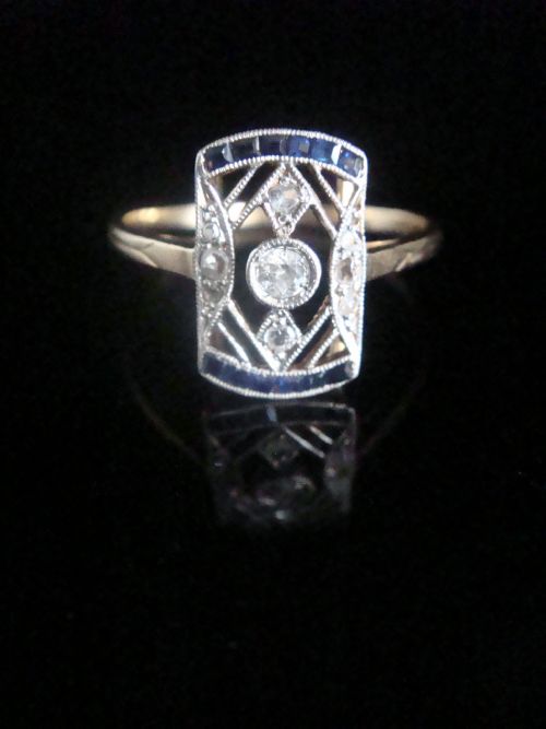 edwardian art deco french 18ct yellow gold sapphire diamond plaque ring - CATEGORY: ANTIQUE JEWELLERY - DATED EDWARDIAN