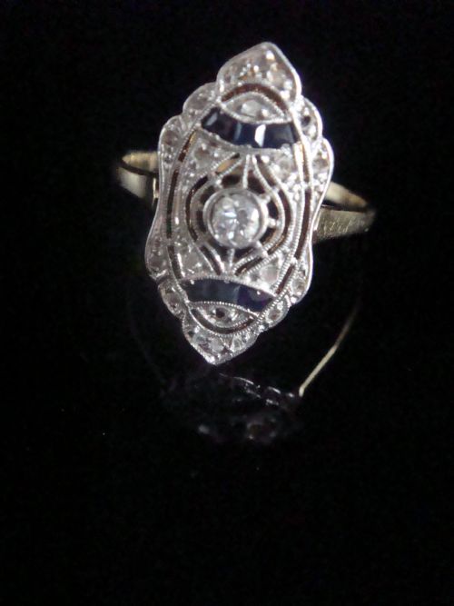 edwardian art deco french 18ct yellow gold sapphire diamond plaque ring - CATEGORY: ANTIQUE JEWELLERY - DATED 1920