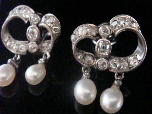 VICTORIAN GEORGIAN 18CT SILVER FRENCH NATURAL PEARL OLD CUT DIAMOND EARRINGS - ADDITIONAL PHOTO 1