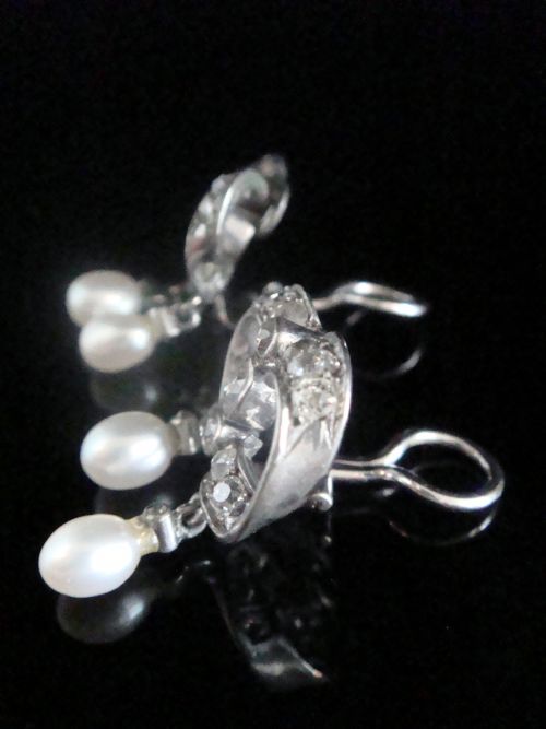 VICTORIAN GEORGIAN 18CT SILVER FRENCH NATURAL PEARL OLD CUT DIAMOND EARRINGS - ADDITIONAL PHOTO 6