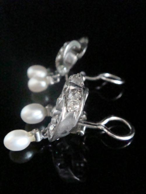 VICTORIAN GEORGIAN 18CT SILVER FRENCH NATURAL PEARL OLD CUT DIAMOND EARRINGS - ADDITIONAL PHOTO 7