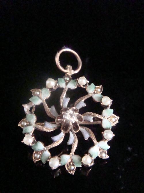 edwardian 9ct enamel flower with cultured pearl diamond necklace brooch - CATEGORY: ANTIQUE JEWELLERY - DATED EDWARDIAN