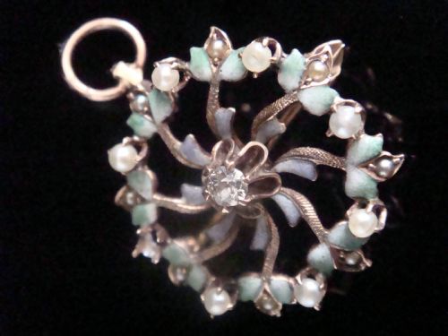 EDWARDIAN 9CT ENAMEL FLOWER WITH CULTURED PEARL DIAMOND NECKLACE BROOCH - ADDITIONAL PHOTO 1