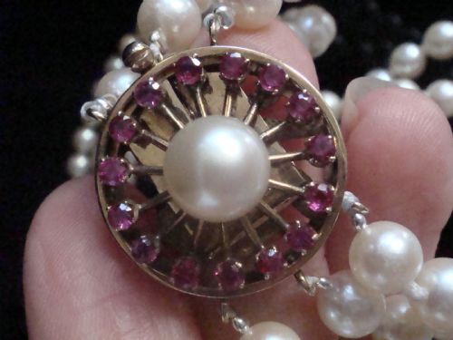 VINTAGE ANTIQUE LONG 14CT NATURAL RUBY 6MM CULTURED PEARL TRIPLE NECKLACE 14 - ADDITIONAL PHOTO 3