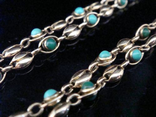 VICTORIAN 15CT NATURAL TURQUOISE BOTH SIDES CHAIN 165 INCHES 142G - ADDITIONAL PHOTO 3
