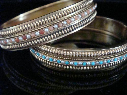 RARE VICTORIAN 15CT TWIN BANGLES TURQUOISE CORAL SEED PEARL X 2 - ADDITIONAL PHOTO 1