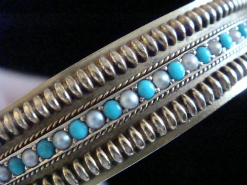 RARE VICTORIAN 15CT TWIN BANGLES TURQUOISE CORAL SEED PEARL X 2 - ADDITIONAL PHOTO 6