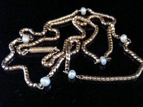 victorian 9ct yellow gold snake chain natural pearl chain 18 5g barrel clasp - CATEGORY: ANTIQUE JEWELLERY - DATED VICTORIAN