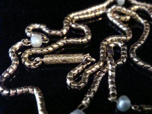 VICTORIAN 9CT YELLOW GOLD SNAKE CHAIN NATURAL PEARL CHAIN 18 5G BARREL CLASP - ADDITIONAL PHOTO 1